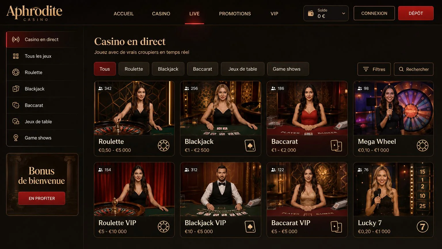 Aphrodite Casino sélection complète de jeux