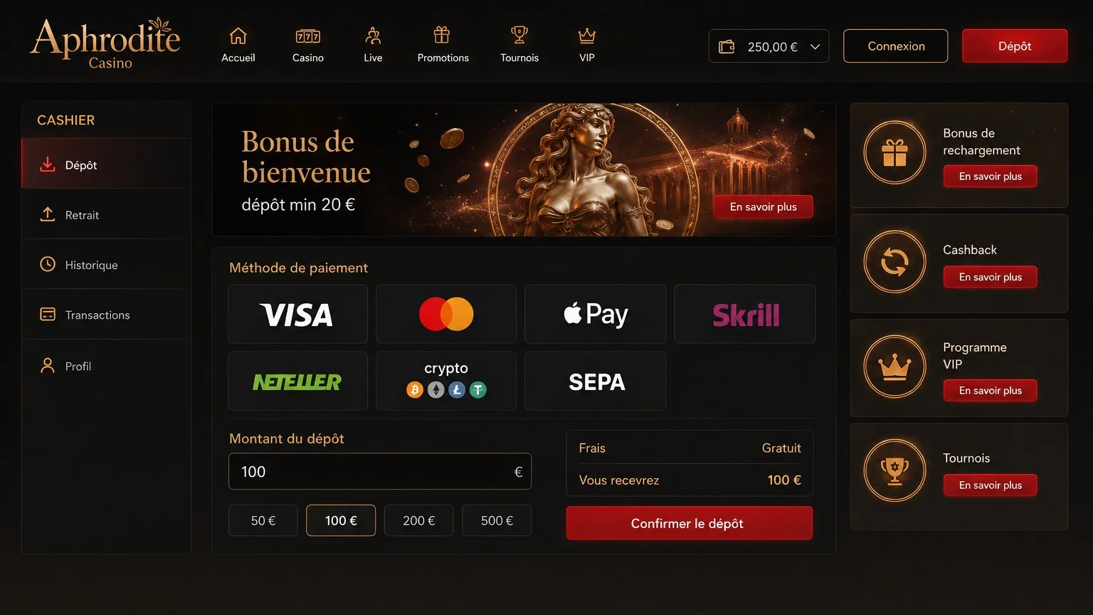 Aphrodite Casino dépôts et retraits méthodes de paiement